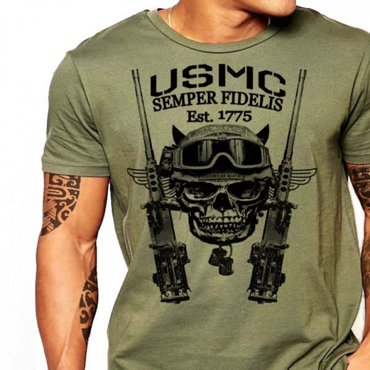 USMC T-Shirt Marine Corps .50 Caliber Gun Combat Arms Men Cotton Tee