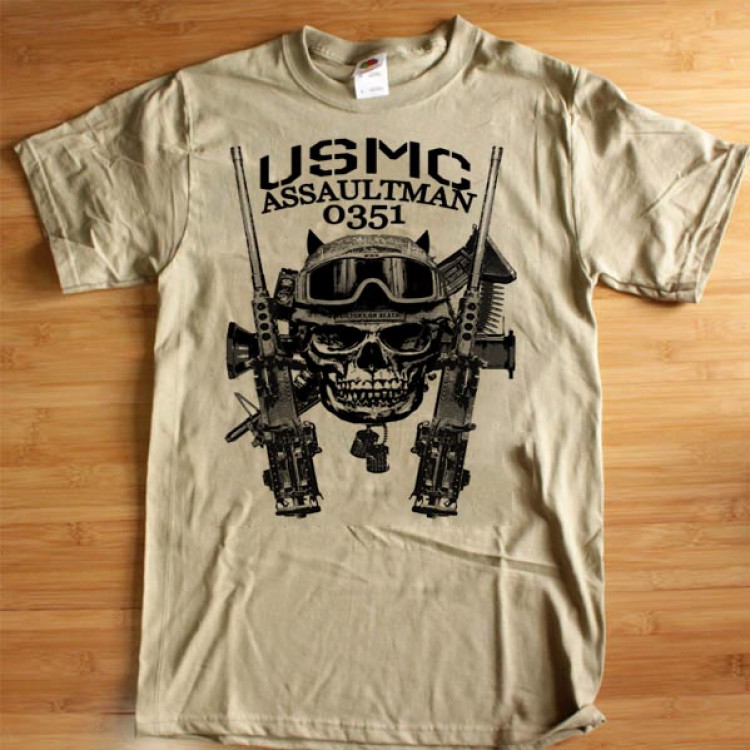 USMC T-Shirt MOS 0351 Assaultman .50 Caliber Gun Combat Arms Men Cotton Tee